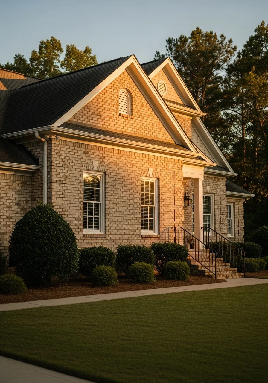 Close-up of a well-maintained Cayce home exterior with professional landscaping and clear entry.