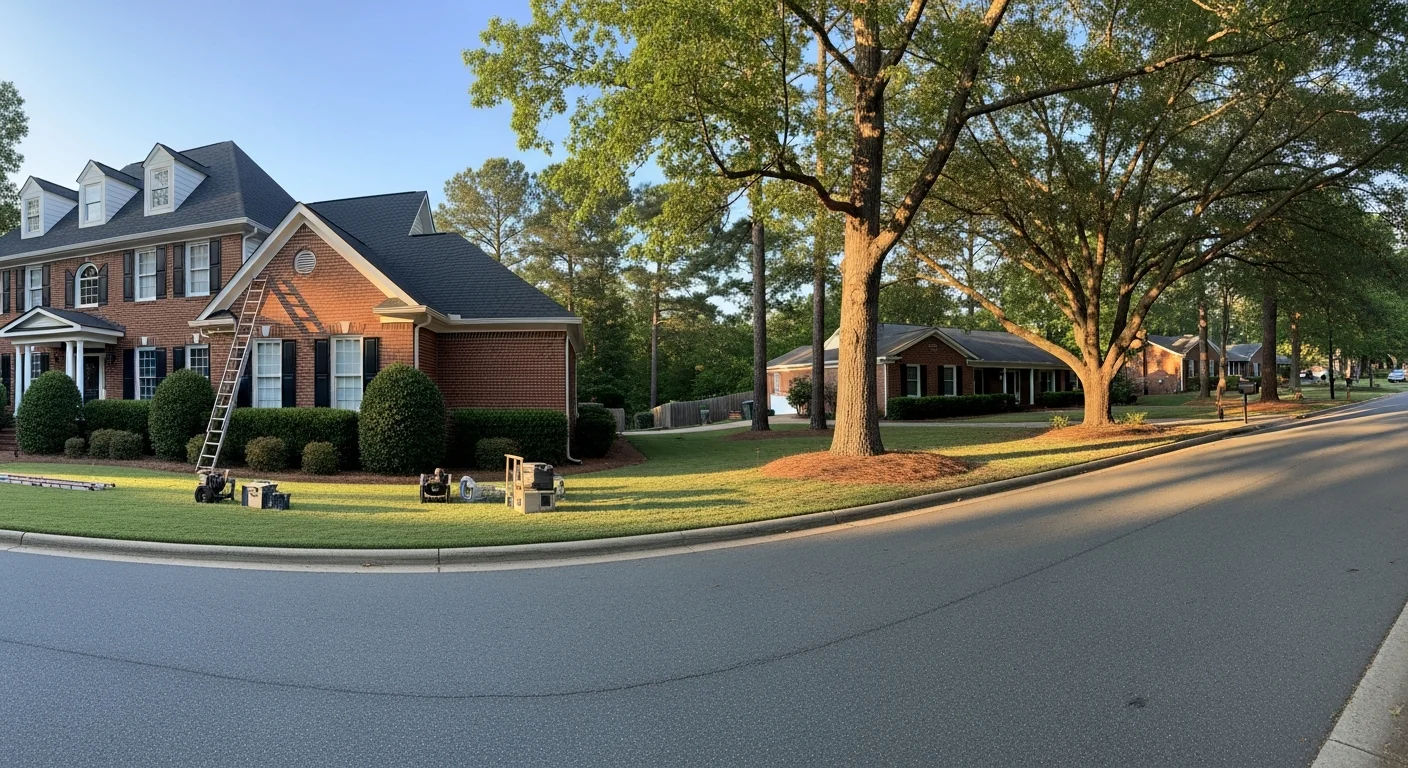Cayce residential street with mature trees and brick homes typical of Lexington County neighborhoods.