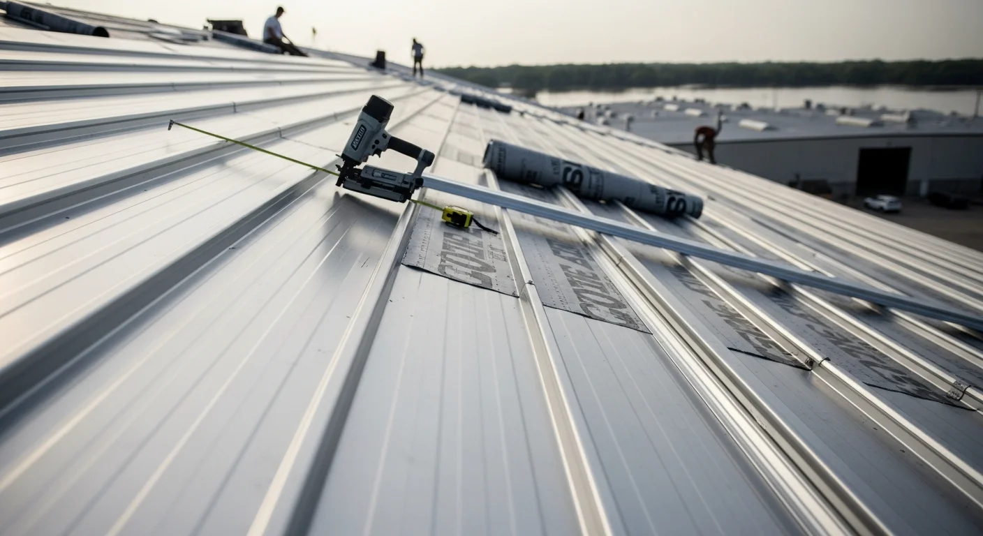 Completed commercial metal roof installation on a flat-to-low-slope commercial building in Cayce, SC, showing standing seam metal panels, finished ridge flashing, and clean drainage edges. Southern Custom Construction and Roofing project in the South Carolina Midlands.