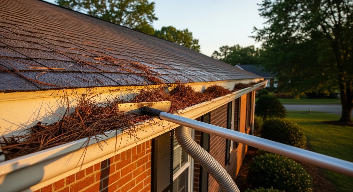 A gutter cleaning technician removing packed leaf and pine needle debris from the trough of a brick ranch home in Cayce, SC. The downspout runs clear against the home's exterior wall after the cleaning is complete.