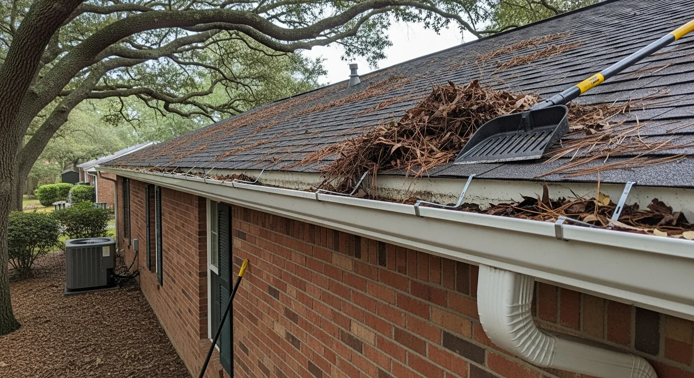 A Southern Custom Construction and Roofing crew member clearing debris from a gutter on a brick ranch home in Cayce, SC. The downspout is visible against the home's exterior with mature trees in the background.