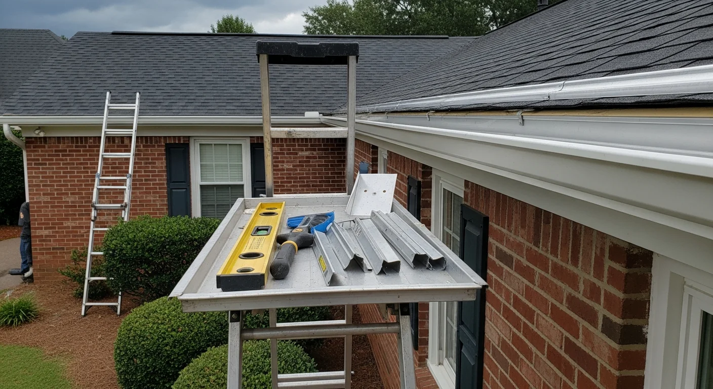 Newly installed gutters running along the roofline of a brick ranch home in Cayce, SC, with downspouts positioned to direct water away from the foundation. Close view shows clean seams, secure fascia attachment, and proper slope toward the downspout.