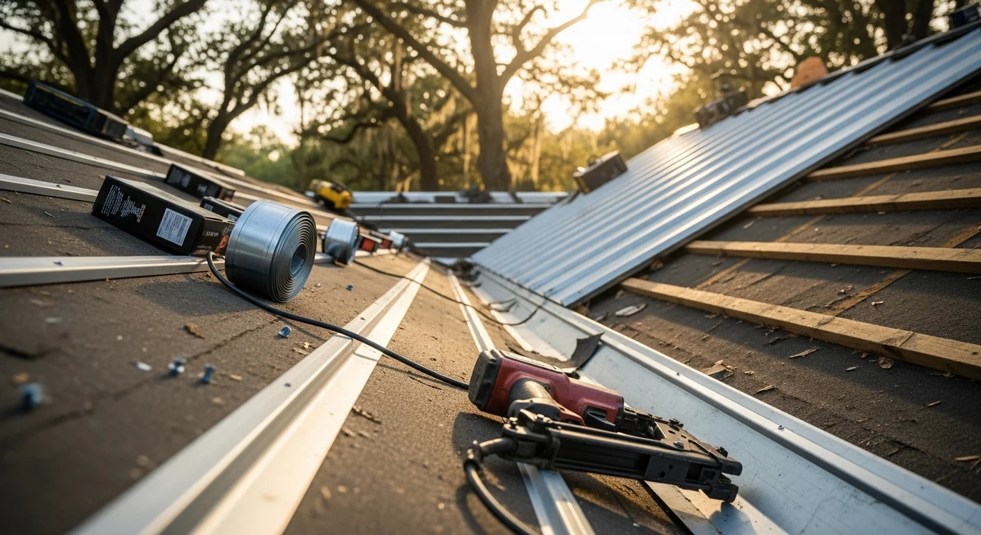 A completed standing seam metal roof installed on a residential home in Cayce, SC, with clean panel lines and finished ridge and eave details. The surrounding landscape reflects the South Carolina Midlands setting.