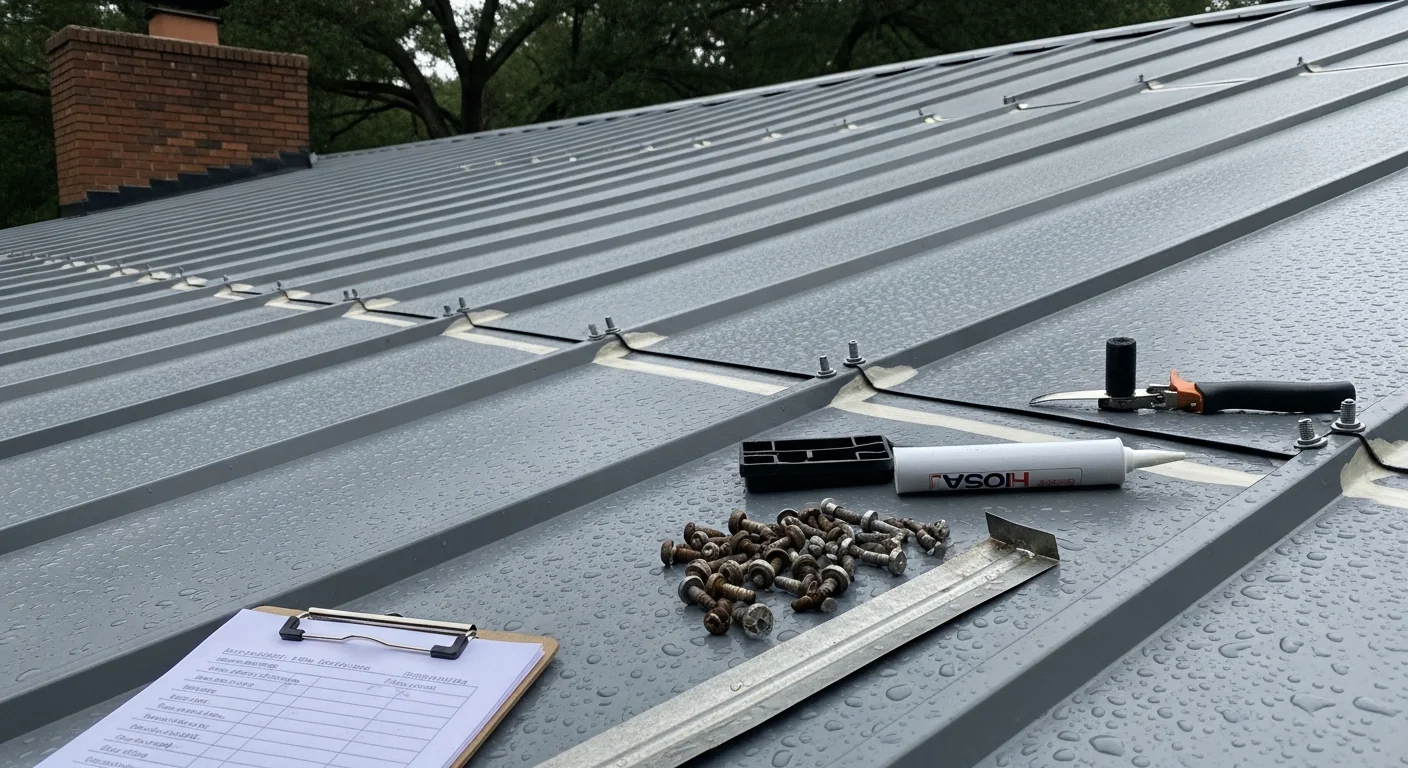 A metal roof on a residential home in Cayce, SC showing completed seam and flashing repairs with clean, rust-free panels. A Southern Custom Construction and Roofing technician inspects the ridge line after repair work is finished.