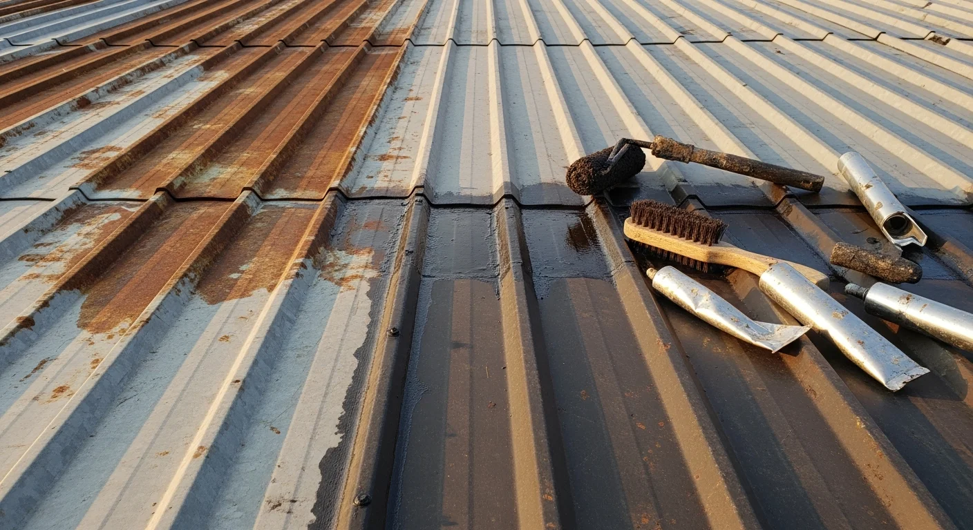 A restored metal roof on a residential property in Cayce, SC, showing a clean, uniform coating with sealed seams and no visible rust or surface deterioration. The roof sits against a typical South Carolina Midlands sky following a completed restoration by Southern Custom Construction and Roofing.