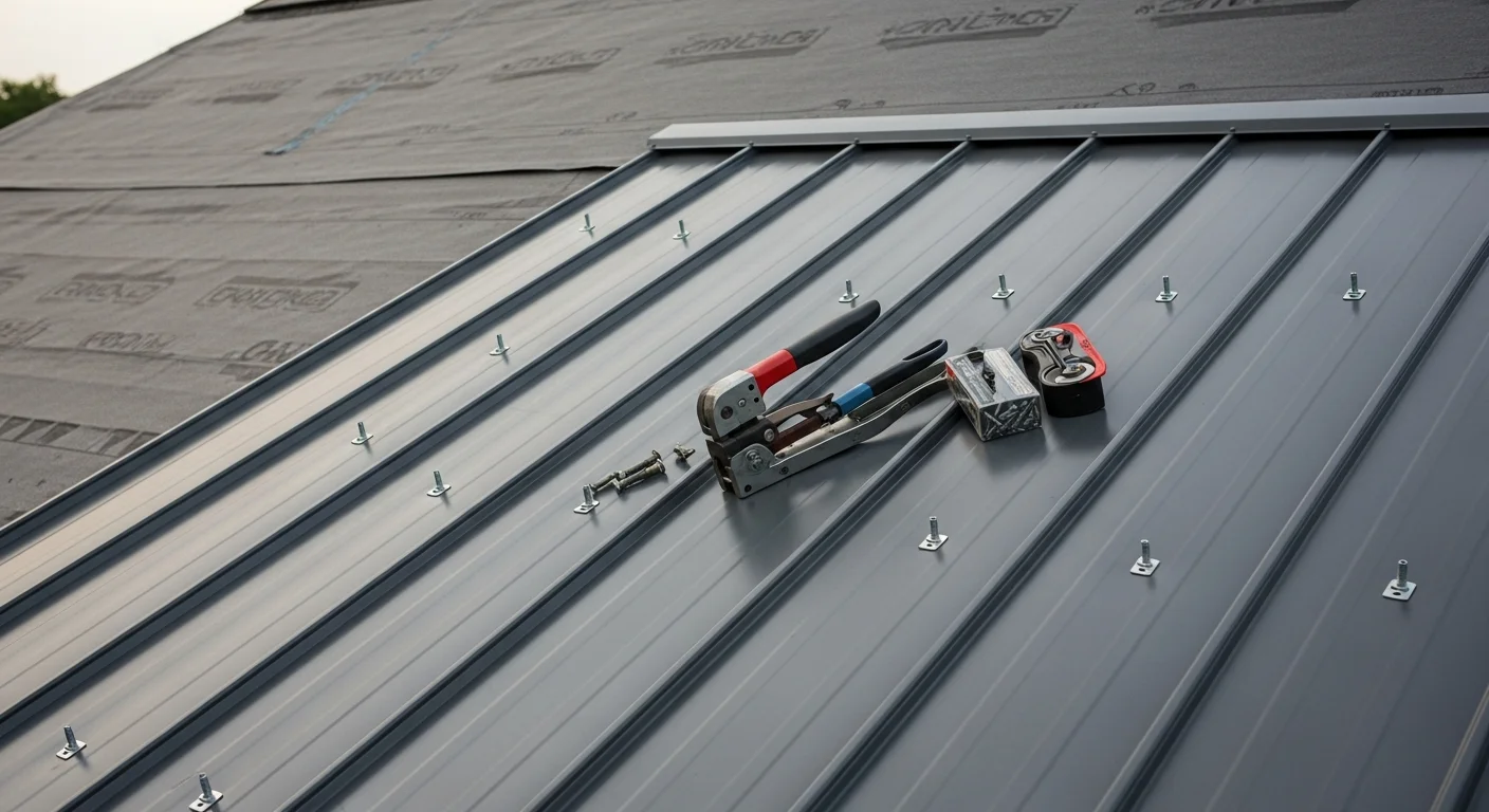 A completed residential metal roof installation on a single-family home in Cayce, SC, showing standing seam panels running from ridge to eave. The surrounding landscape reflects the Midlands region of South Carolina.